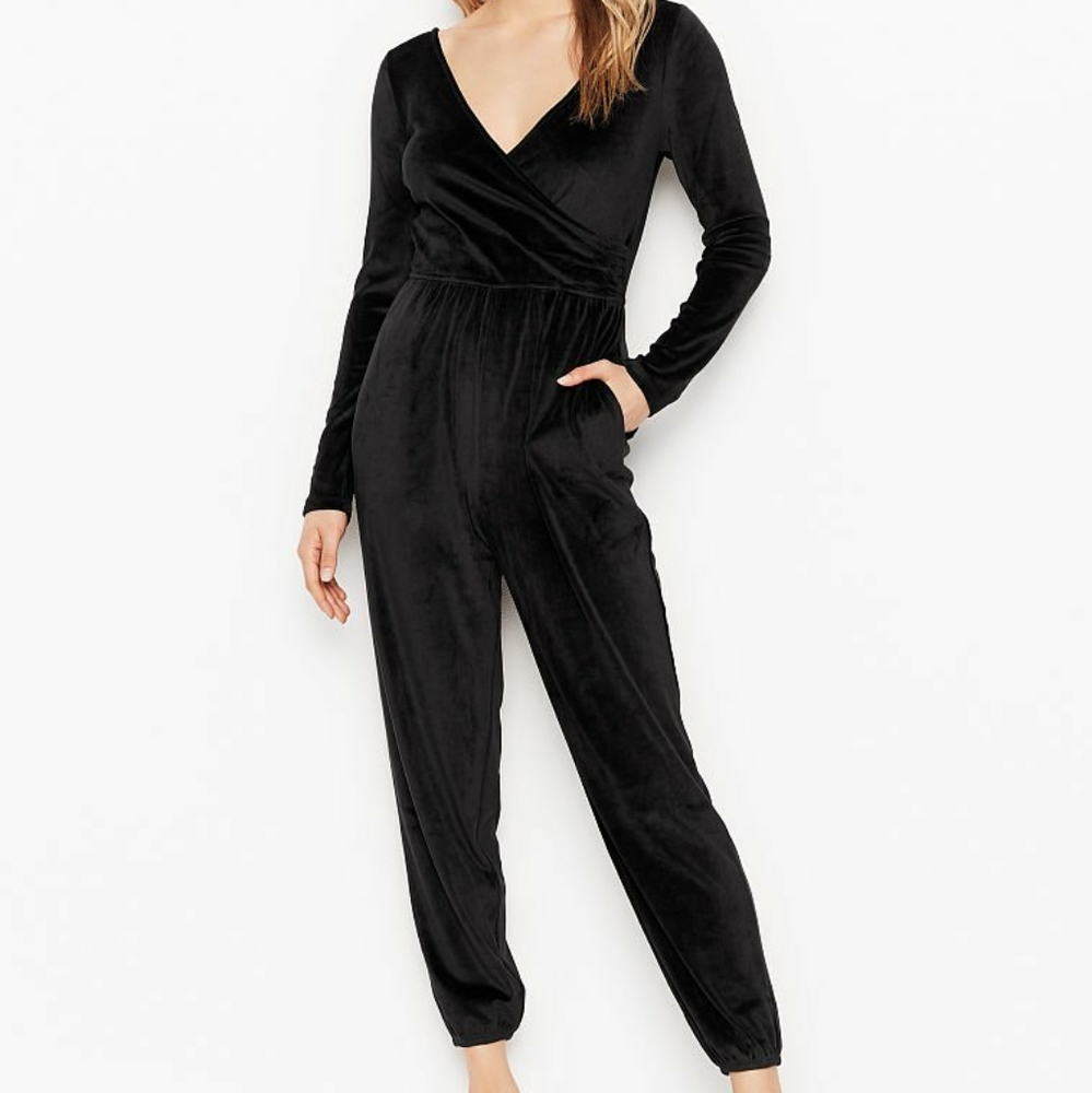 Victoria's Secret Velour Jumpsuit, Pure Black, Small